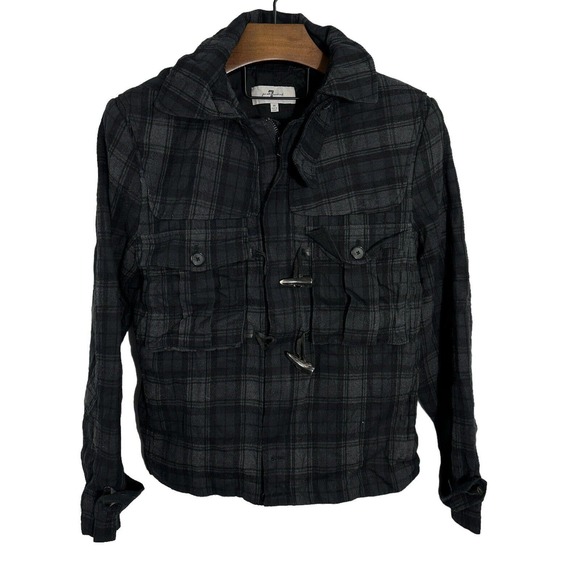 7 FOR ALL MANKIND Jacket‎ Mens Wool Blend Plaid Removable Hood Size Medium - Picture 1 of 14